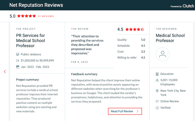 Screenshot of a web page displaying a series of customer reviews for a PR service for medical school professionals, highlighting positive feedback and high star ratings for various service aspects such as attention to detail, cost-effectiveness