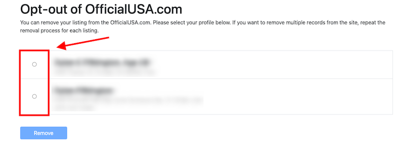 Screenshot of an online form on "officialusa.com" for opting out, with checkboxes next to three listed items, and a "remove" button visible. a red box highlights the checkboxes on the left.