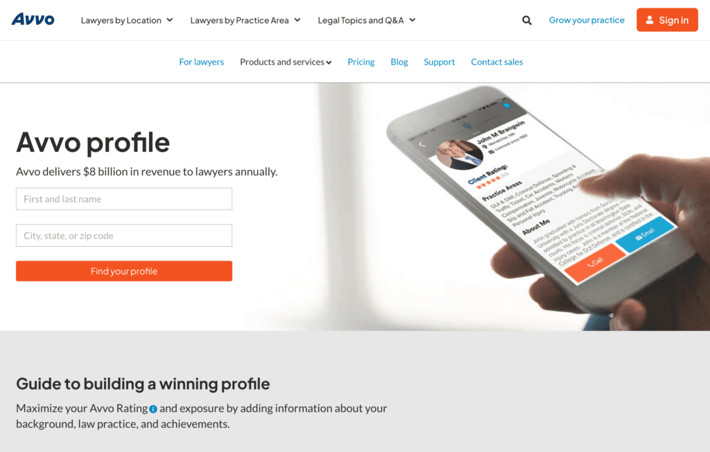 Screenshot of the Avvo website showing a search form for finding lawyers by name, city, state, or zip code, and a hand holding a phone displaying a legal profile. The site header includes navigation links and sign-in options.
