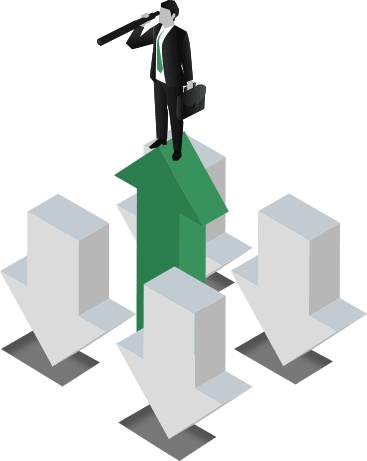 A businessperson with a briefcase stands on a large green upward arrow.