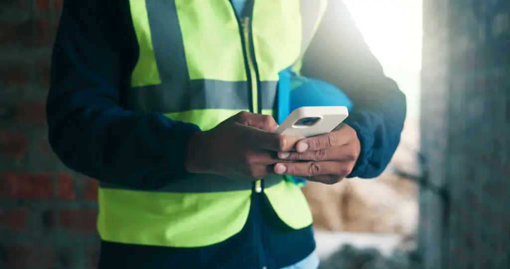 A person wearing a yellow safety vest and holding a blue hard hat uses a smartphone at a construction site.