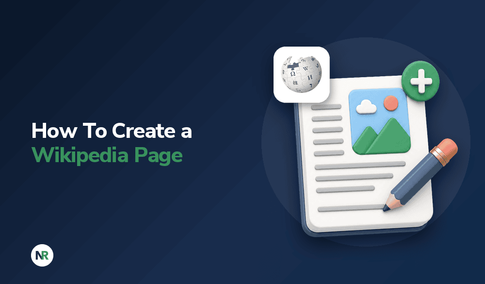 A 3D icon showing a document with a Wikipedia logo, an image placeholder, and a pencil next to the text “How To Create a Wikipedia Page,” a guide on how to create a new Wikipedia page.