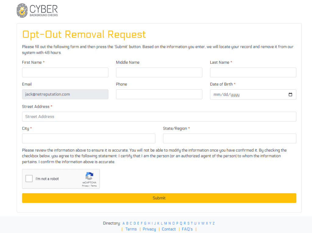 Background Check Removal Form