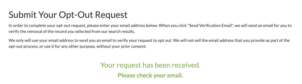 BeenVerified reminder to check your email about your removal request.