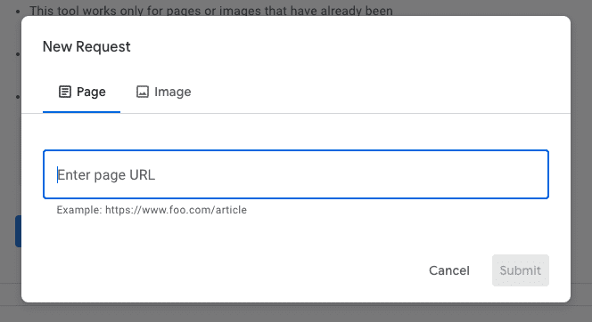 A screenshot of a user interface for a tool that processes either web pages or images, with options to select "new page" or "image" and an input field labeled "enter page url to remove