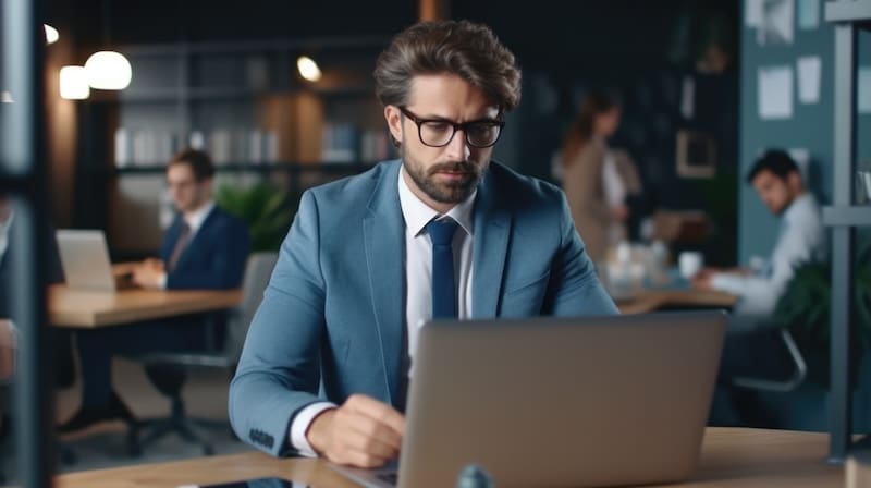 An executive is diligently working on a laptop in the privacy of his office.