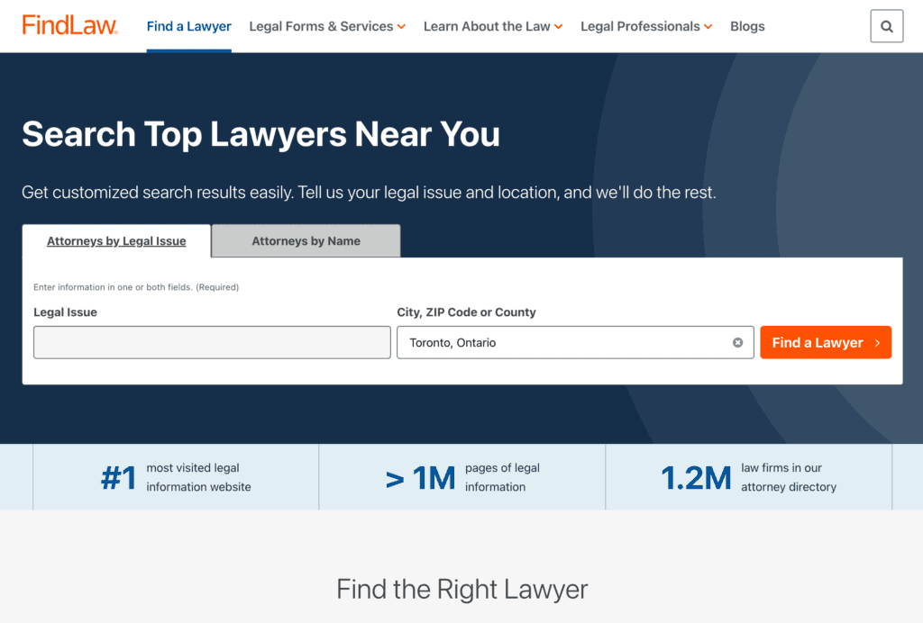 A webpage from FindLaw displays a search tool to find lawyers by legal issue or location, with fields for legal issue and city, ZIP code, or county, set to "Toronto, Ontario.