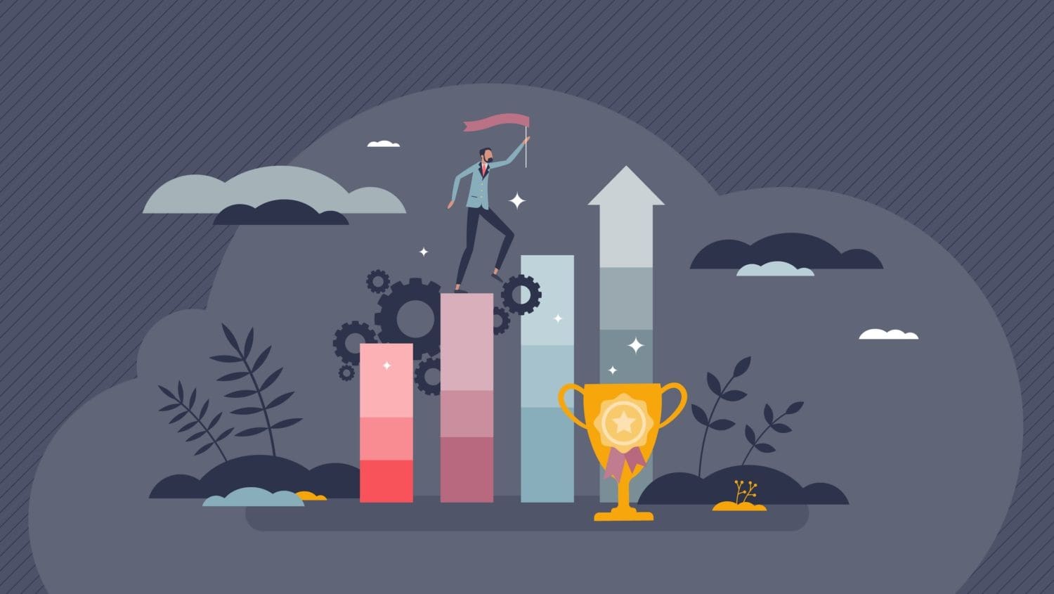 Illustration of a businessman climbing a bar graph with gear mechanisms, leading to a trophy, signifying business success and achievement.