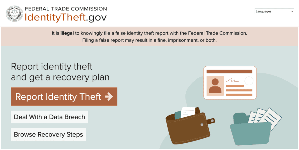 Screenshot of the Federal Trade Commission’s IdentityTheft.gov website, showing options to report identity theft, deal with a data breach, and browse recovery steps, alongside wallet and file folder graphics.