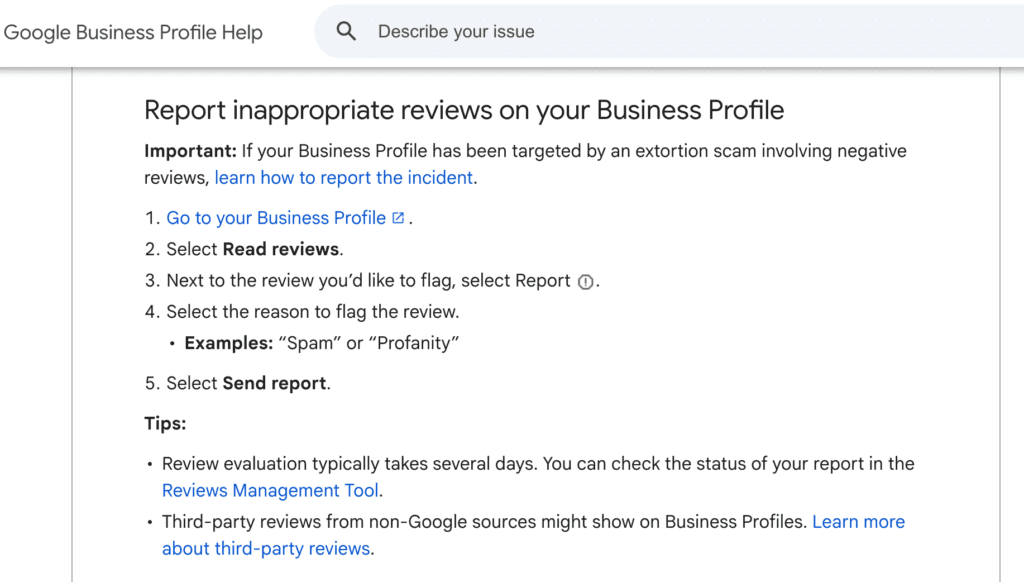 Screenshot of Google Business Profile Help page with instructions on reporting inappropriate reviews, including steps to flag a review and tips on review evaluation and third-party reviews.
