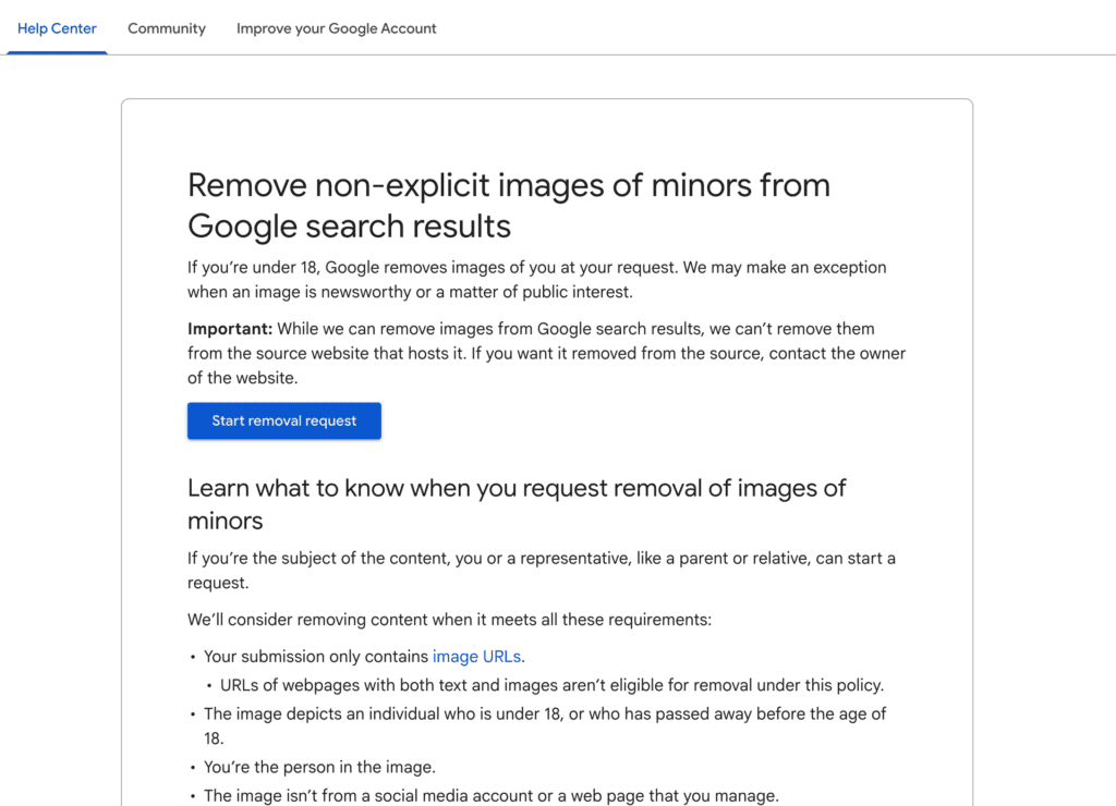 A Google Help Center page explains how to request removal of non-explicit images of minors from Google search results, with a blue “Start removal request” button and eligibility guidelines below.