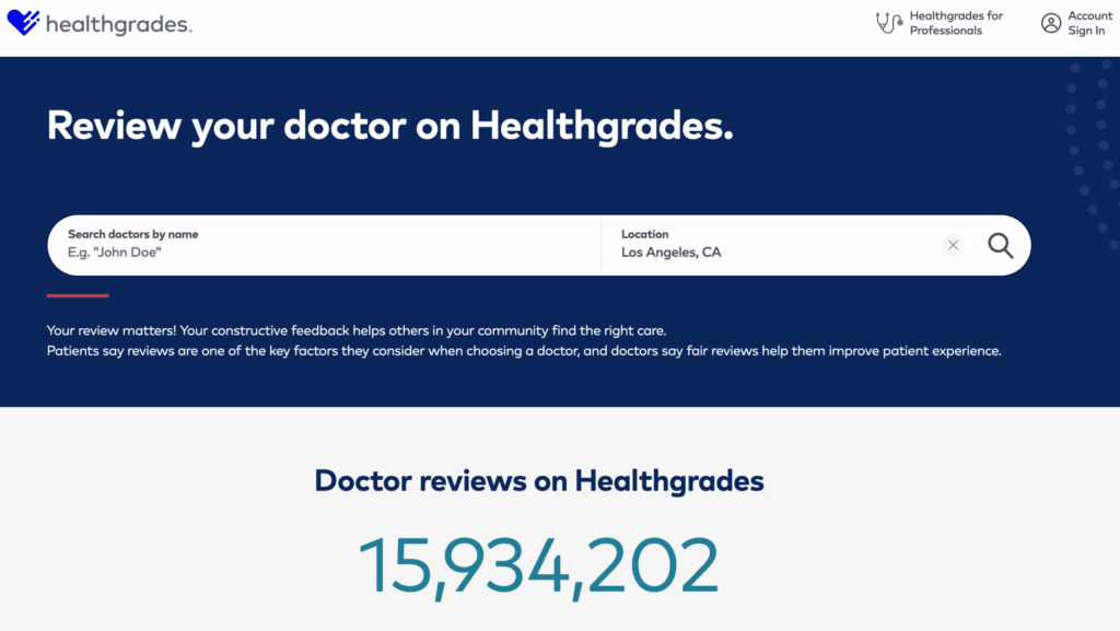 Healthgrades homepage with a search bar for finding doctors by name and location, and the number 15,934,202 shown as total doctor reviews on Healthgrades.