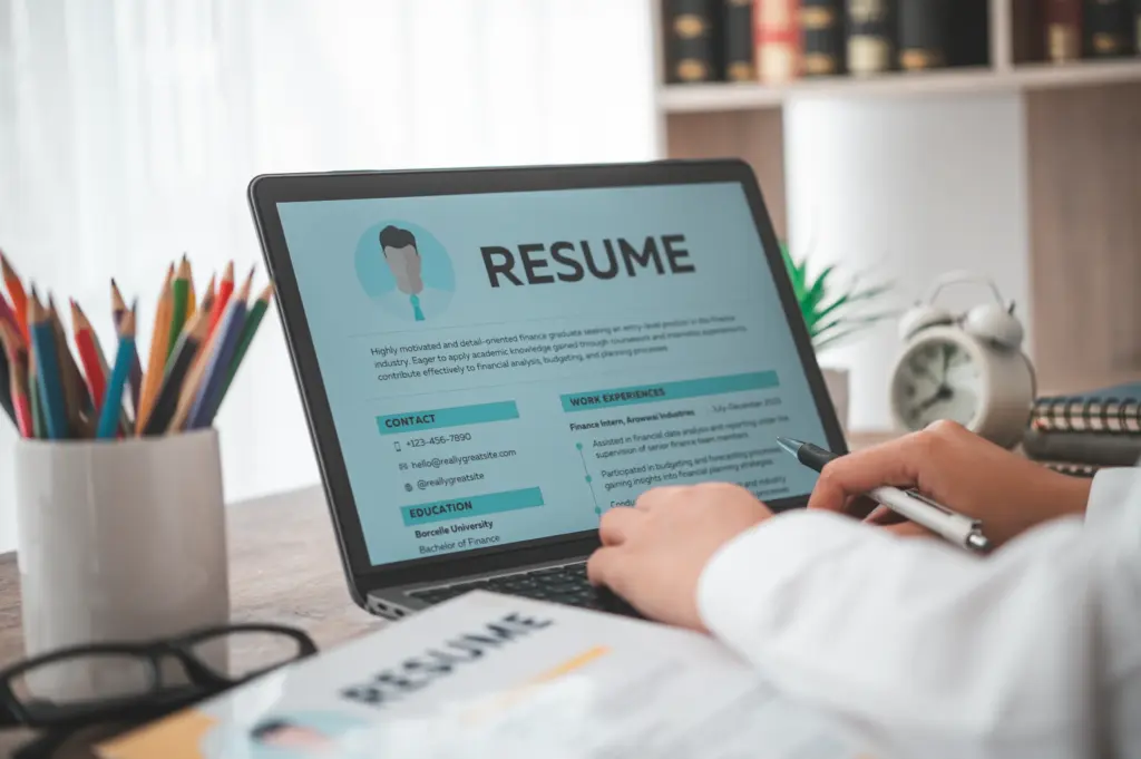 A person edits a digital resume on a laptop at a desk with colorful pencils, a printed resume, an alarm clock, and books in the background.