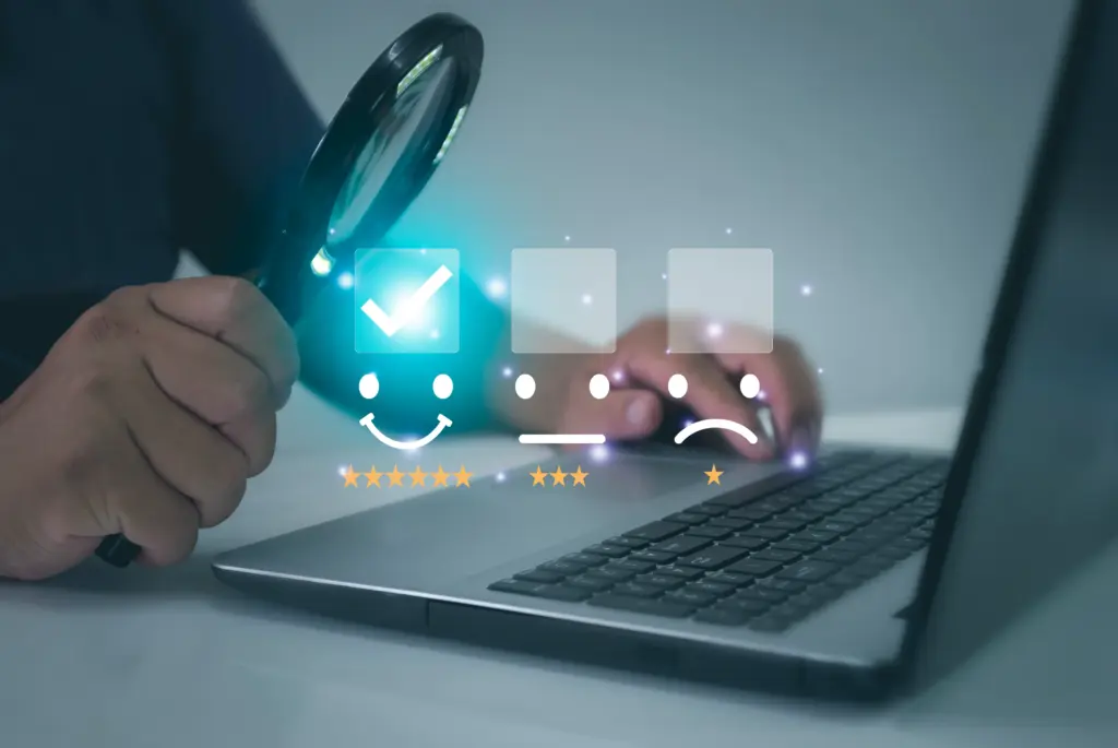 A person holds a magnifying glass over a laptop keyboard, with digital happy, neutral, and sad face icons, a check mark, and five stars overlaying the image, representing customer satisfaction or feedback.