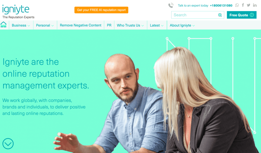 Two professionals, a man and a woman, discuss online reputation management in front of a teal background with text and graphic lines. The website header highlights menu options and showcases top reputation management companies.