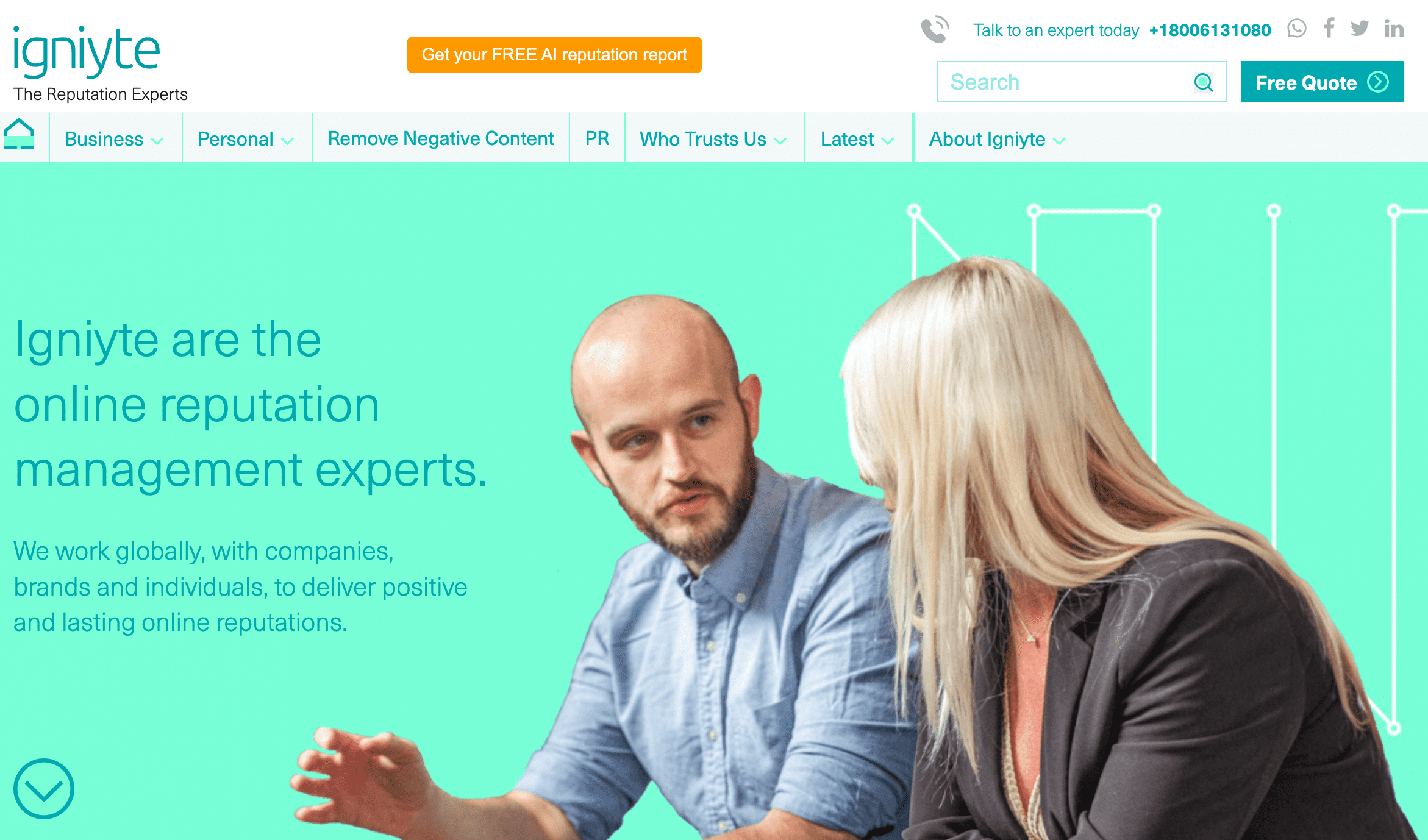 Two professionals, a man and a woman, discuss online reputation management in front of a teal background with text and graphic lines. The website header highlights menu options and showcases top reputation management companies.