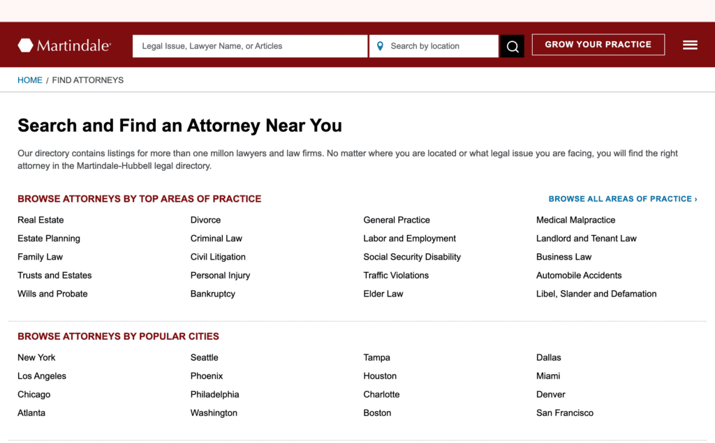 A webpage from Martindale displaying options to browse attorneys by practice areas such as real estate, divorce, criminal law, and cities like New York, Los Angeles, and Chicago, with a search bar and navigation menu at the top.