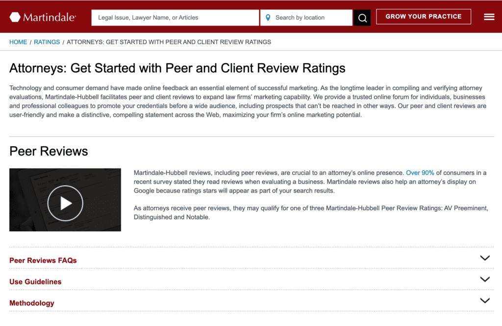 Screenshot of the Martindale website page titled "Attorneys: Get Started with Peer and Client Review Ratings," featuring an explanatory video and text about the review process, plus expandable sections for FAQs, guidelines, and methodology.