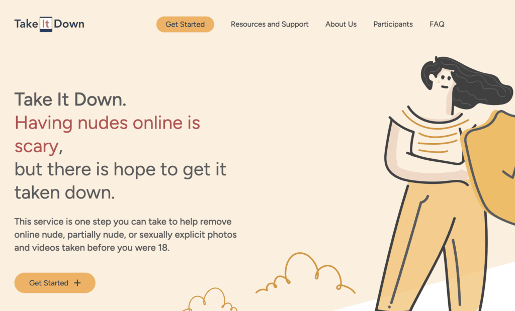 Website homepage for "Take It Down," a service to help remove nudes or explicit photos online, showing a worried person holding a large photo and text about the risks and hope of getting images removed.