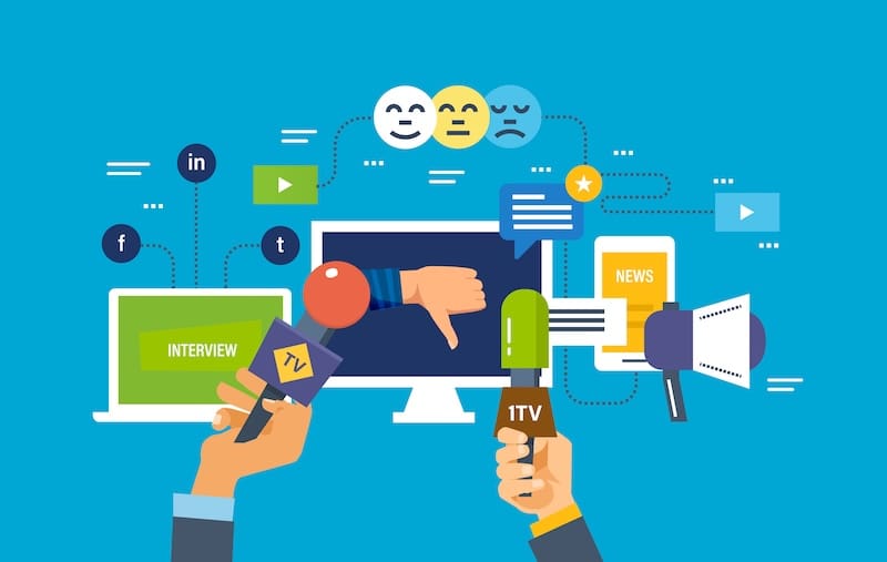 Illustration of hands holding microphones labeled "TV" and "ITV" in front of digital screens, social media icons, speech bubbles, news headlines, and various emoticons on a blue background.