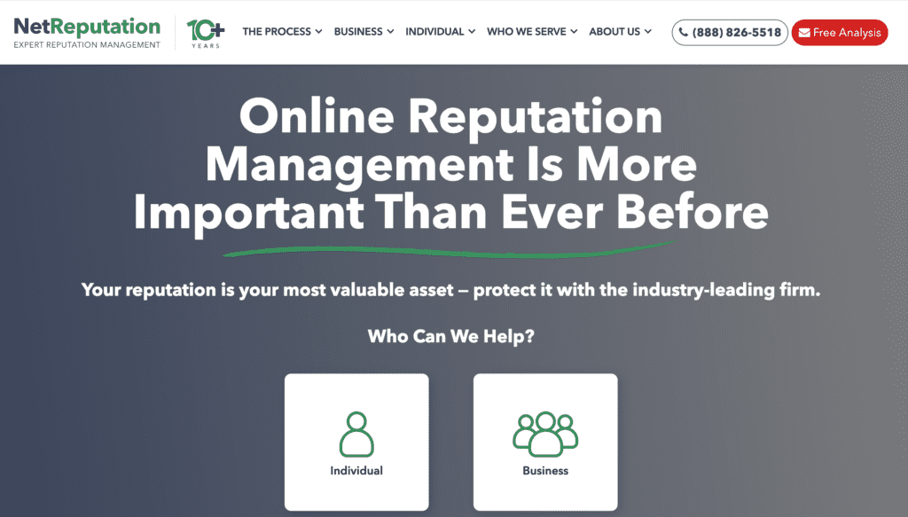 Screenshot of NetReputation's website homepage with the headline "Online Reputation Management Is More Important Than Ever Before" and options to select "Individual" or "Business," highlighting why top reputation management companies matter today.