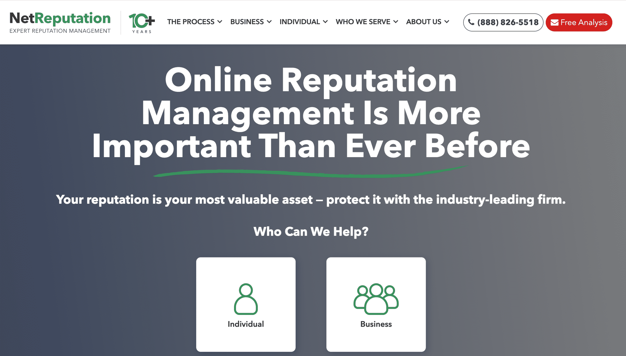 Screenshot of NetReputation's website homepage with the headline "Online Reputation Management Is More Important Than Ever Before" and options to select "Individual" or "Business," highlighting why top reputation management companies matter today.
