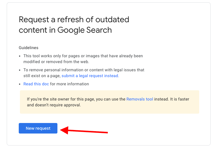 Screenshot of the google search console help page, highlighting the 'request a refresh of outdated or unwanted content in Google Search' section with an arrow pointing to the 'new request' button.