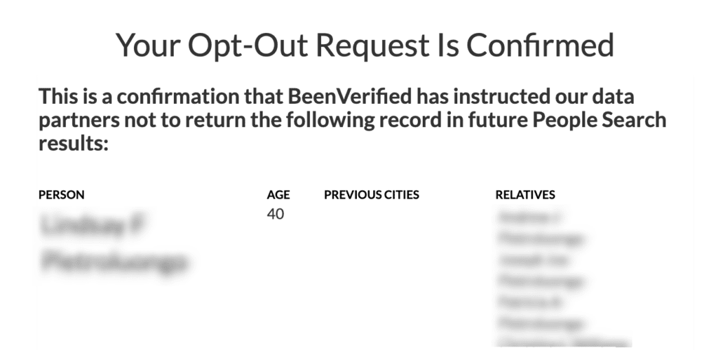 Page that says your opt out request has been confirmed.
