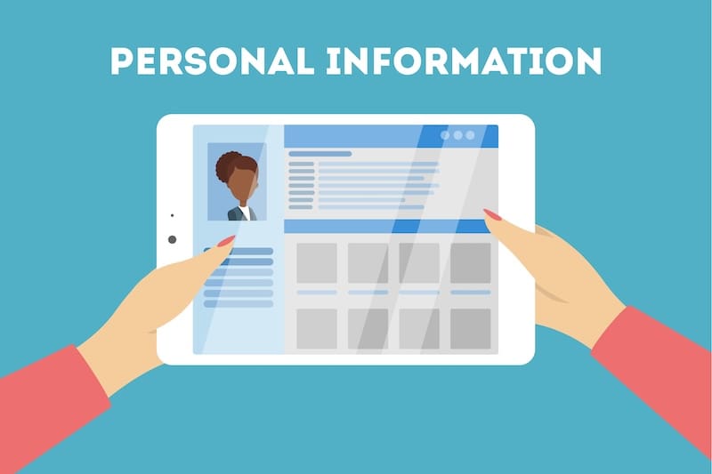 Illustration of a tablet held by two hands displaying a screen with personal information, including a profile picture and text sections. The blue background features "Personal Information" at the top, hinting at ways to suppress Google search results efficiently.
