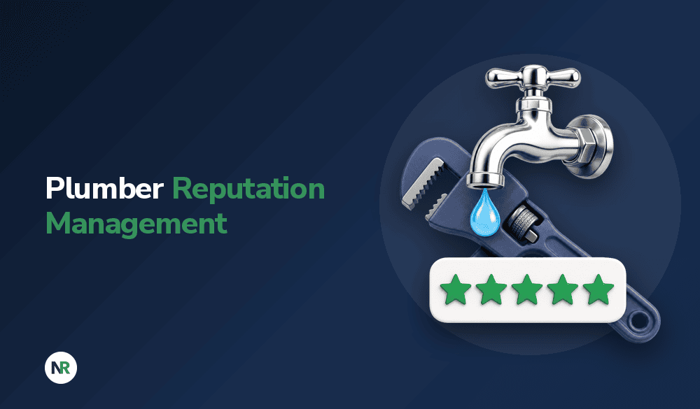 Plumber Reputation Management text next to a faucet dripping onto a pipe wrench with a five-star rating icon.
