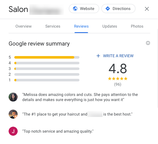A salon's Google reviews page.