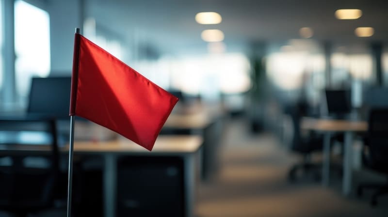 A red flag in focus among blurry office desks and chairs, symbolizing workplace warnings.