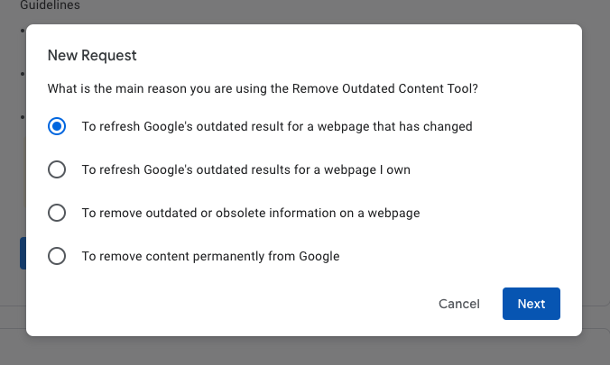 A screenshot displaying options for using Google's remove outdated content tool to address unwanted Google search results, where a user is selecting a reason for their removal request.