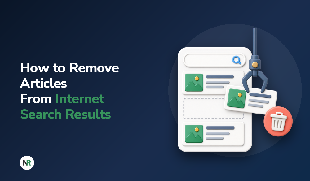 An illustration of a mechanical claw lifting a search result card toward a trash icon, accompanied by text reading “How to remove articles from internet search results.”