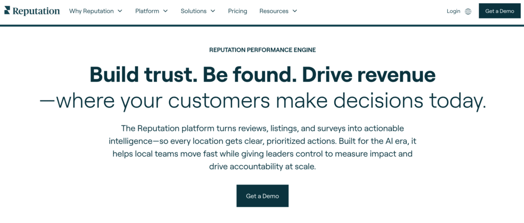 A website homepage for Reputation, a leader among reputation management companies, features the slogan "Build trust. Be found. Drive revenue—where your customers make decisions today" and a button labeled "Get a Demo.