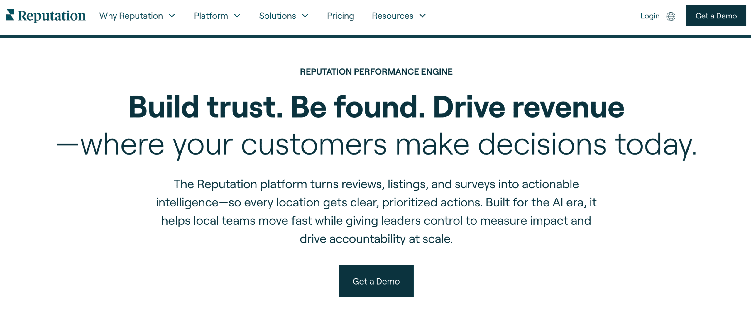 A website homepage for Reputation, a leader among reputation management companies, features the slogan "Build trust. Be found. Drive revenue—where your customers make decisions today" and a button labeled "Get a Demo.