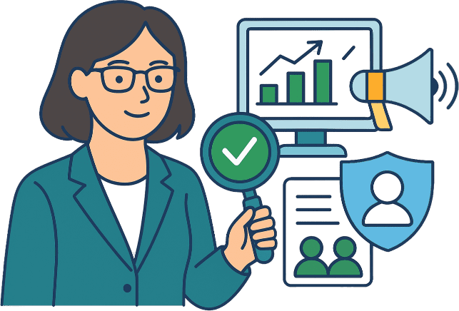 Digital reputation consultant reviewing a client’s online presence on a laptop