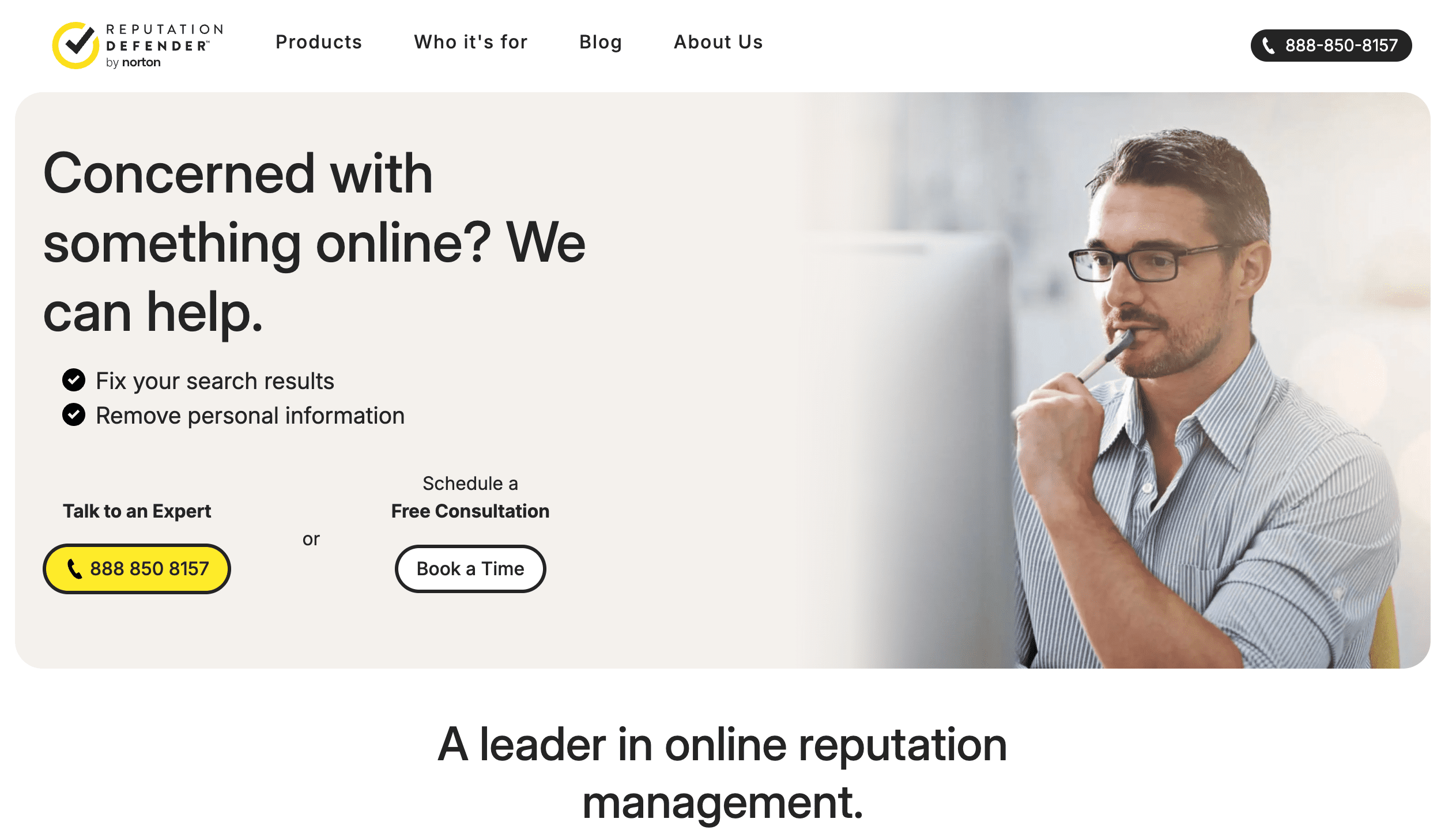 A man with glasses looks thoughtful while using a laptop. The text reads, "Concerned with something online? We can help," offering options to fix search results or remove personal information—just like top reputation management companies do.