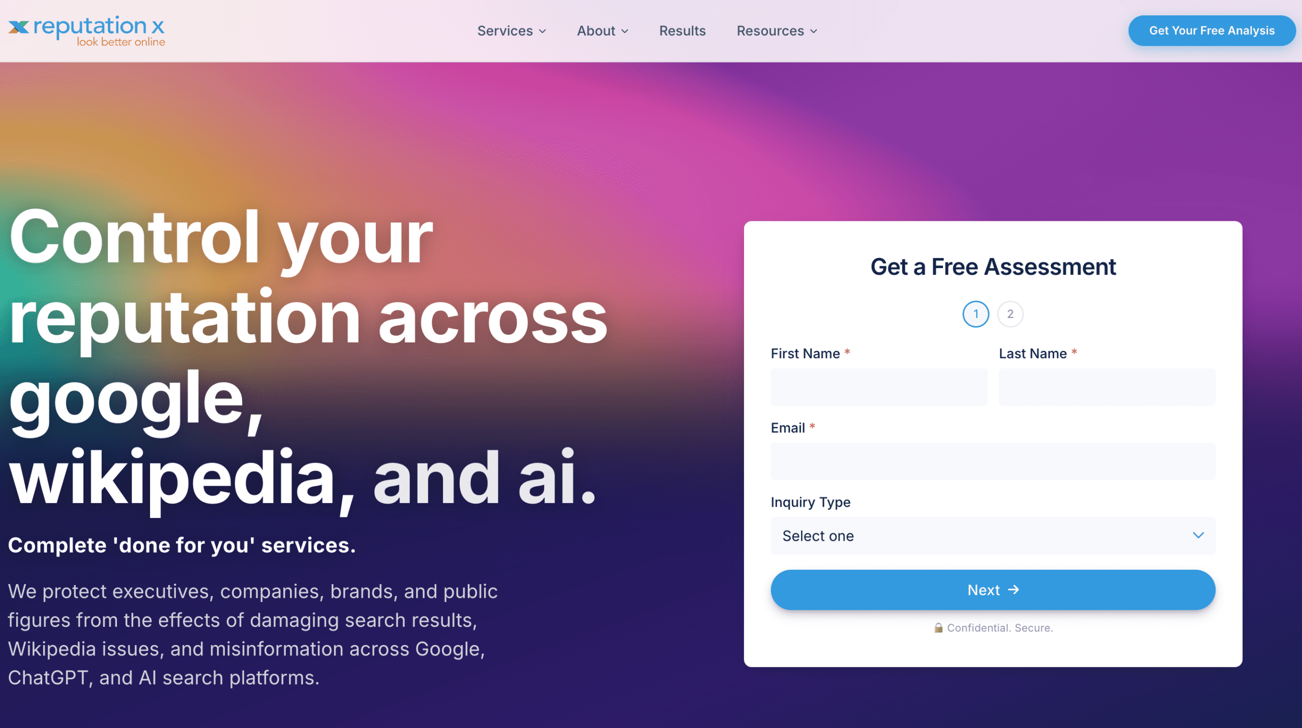 A website page for Reputation X offers reputation management services, featuring a colorful background, a headline about controlling your reputation on Google, Wikipedia, and AI—showing why leading reputation management companies trust us. Free assessment form on the right.