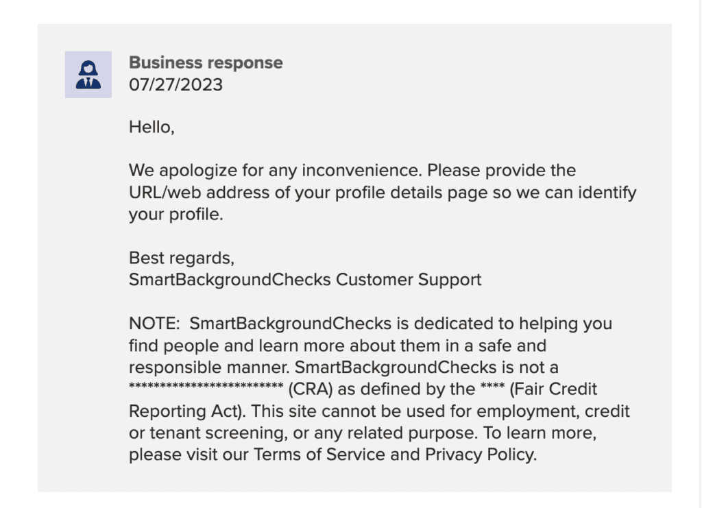 Smart Background Checks response to a BBB complaint.