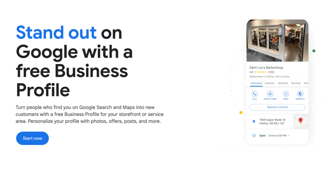 graphic encouraging users to create a free Google Business Profile, featuring bold text and a sample barbershop profile on a smartphone. Includes tips like how to remove a business from Google and a blue "Start now" button.