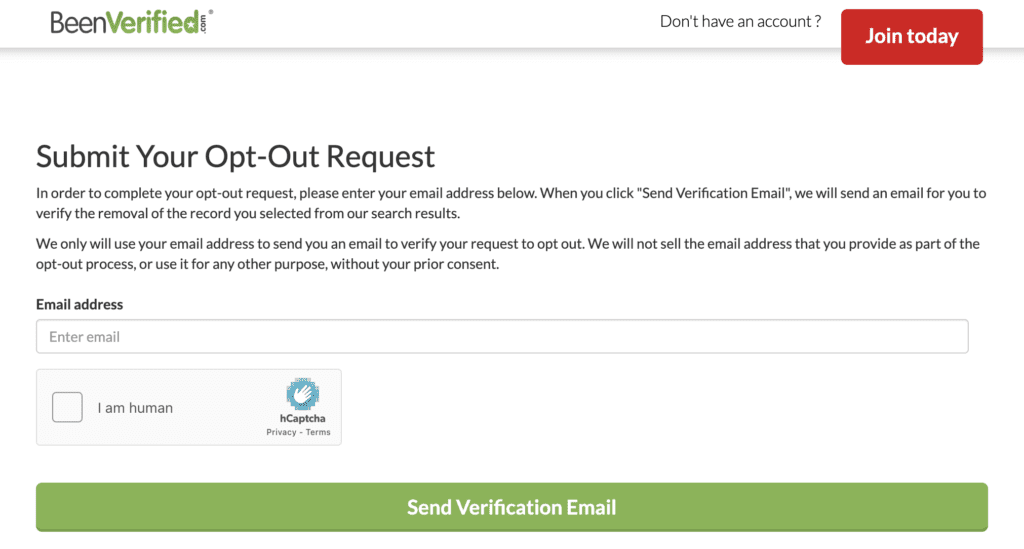 Form to request a Been Verified opt out.