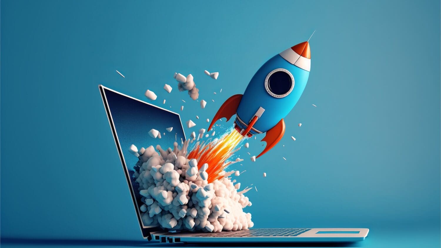 A cartoon rocket launches out of an open laptop screen, with clouds and flames bursting out, symbolizing innovation or a tech startup—perfect imagery for search engine optimization experts propelling digital growth. The background is a smooth blue gradient.