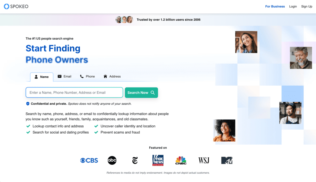 Screenshot of the Spokeo website homepage with a search bar to find people by name, phone, address, or email, sample profile photos, features listed, media logos at the bottom, and information on how to cancel Spokeo.