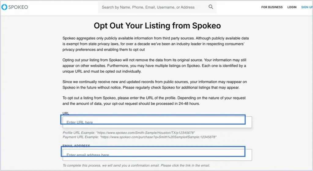 Screenshot of Spokeo’s opt-out page with instructions for removing a listing, form fields for the profile URL and email address, and a note about a confirmation email required to process the removal request.