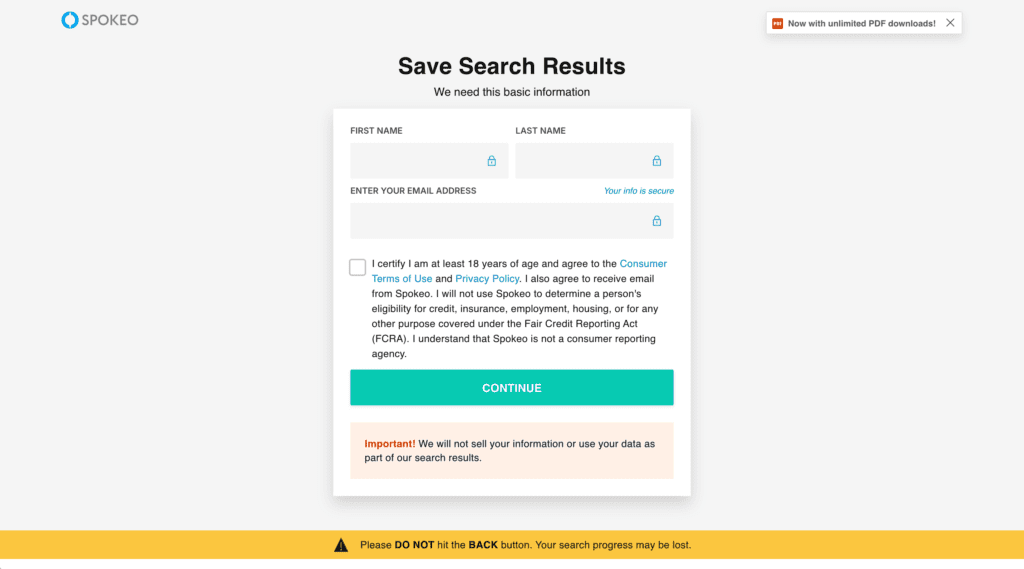 A form on the Spokeo website asks for first name, last name, and email to save search results. There's also a consent checkbox, a green "Continue" button, privacy warnings, and an option to cancel Spokeo if you change your mind.