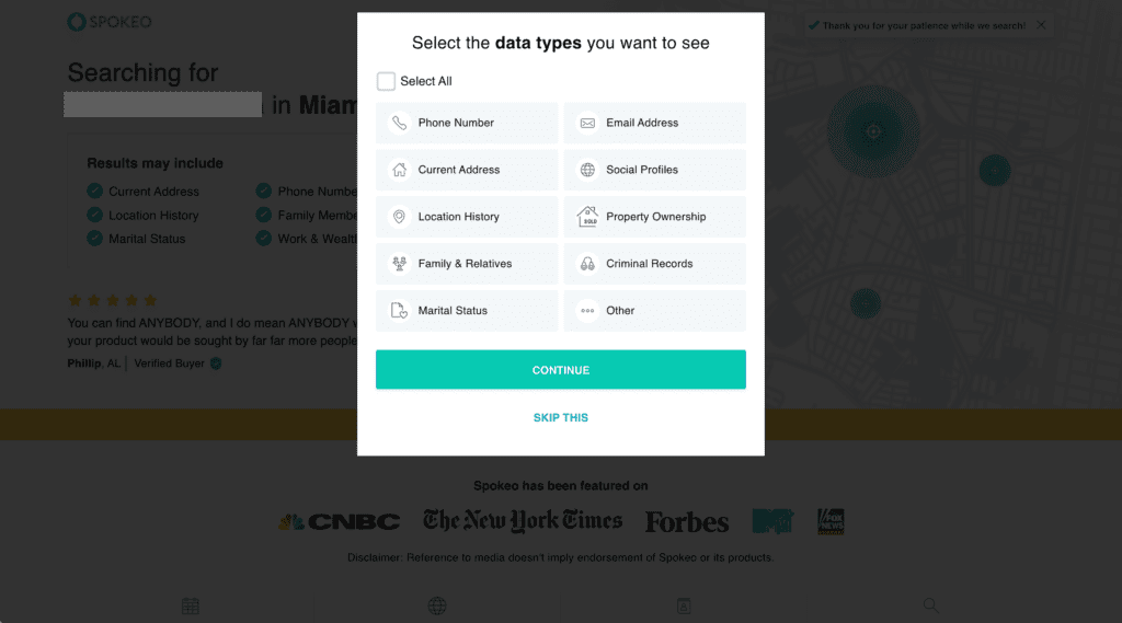A pop-up window on the Spokeo website prompts users to select data types to view, such as phone numbers, email addresses, and social profiles, with "Continue," "Skip This," and an option to cancel Spokeo at the bottom.