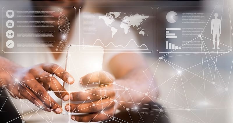 A professional examining data on a smartphone with futuristic digital interfaces displaying graphs, global maps, and Spokeo removal processes in the background.