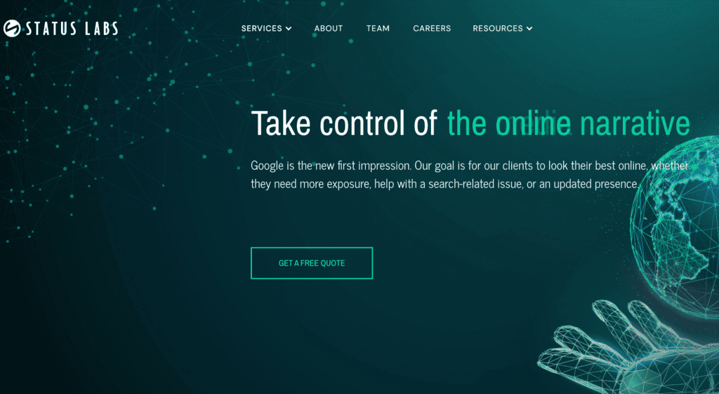 Website homepage for Status Labs with a teal and black theme, digital network graphics, and text: "Take control of the online narrative." As one of the leading reputation management companies, a "Get a Free Quote" button sits below. Navigation menu is at the top.