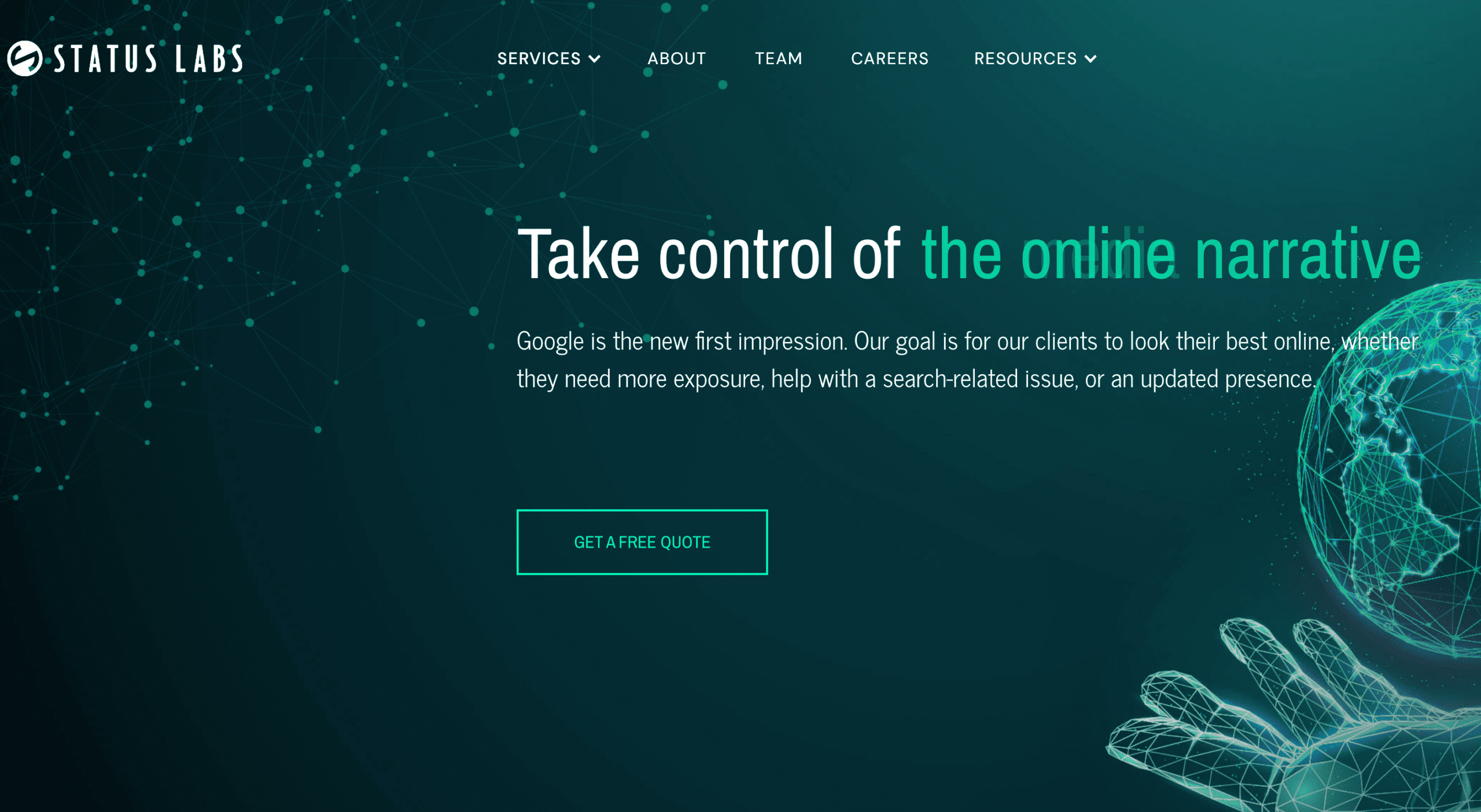 Website homepage for Status Labs with a teal and black theme, digital network graphics, and text: "Take control of the online narrative." As one of the leading reputation management companies, a "Get a Free Quote" button sits below. Navigation menu is at the top.